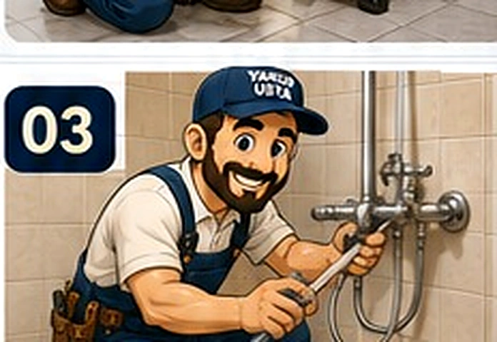 Yakup Usta banyo tesisat bağlantısı üzerinde çalışıyor