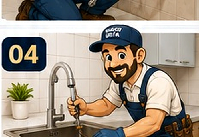 Yakup Usta mutfakta evye ve su tesisatı bağlantısı yapıyor
